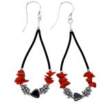 El Coral Earrings Red Coral Chips, Hematite Heart and Rubber Drop Shape