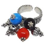 Coralli di Sardegna Ring Red Coral, Turquoise and Black Agate Balls with Old Silver Filigree Adjustable