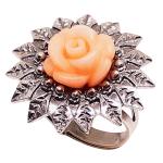 Coralli di Sardegna Filigree ring with leaves and dots in burnished silver and pink coral rose adjustable