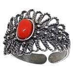 Coralli di Sardegna Sardinian Filigree Ring Burnished Silver Perforated Leaves Ring Red Coral 4x6mm Adjustable