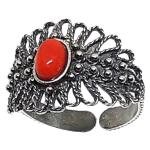 Coralli di Sardegna Anillo de filigrana sarda Anillo de hojas perforadas de plata bruñida Coral rojo 4x6 mm Ajustable