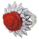 Coralli di Sardegna Ring Red Coral Rose and Silver Filigree Leaves Adjustable