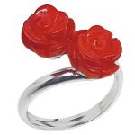 Coralli di Sardegna Ring Red Coral 2 Roses and Silver, Adjustable