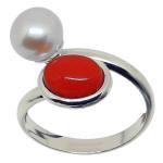 Coralli di Sardegna Red Coral Ring 5x7mm Pearl 7mm Silver Adjustable