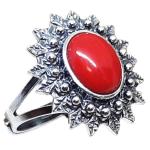 Coralli di Sardegna Red Coral Ring Cabochon 8x10mm Leaves Filigree Silver Burnished Adjustable