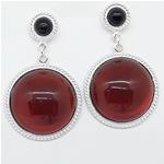 El Coral Earrings Black Agate 5mm and Red Agate 18mm Cabochon, Silver Filigree