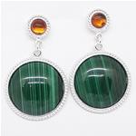 El Coral Earrings Amber 5mm and Malachite 18mm Cabochon, Silver Filigree