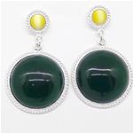 El Coral Earrings Cat's Eye 5mm and Green Agate 18mm Cabochon, Silver Filigree