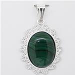 El Coral Pendant Malachite Cabochon and Silver Filigree Waves 