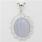 El Coral Pendant Blue Lace Agate Cabochon and Silver Filigree Waves 