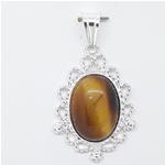 El Coral Pendant Tiger's Eye Cabochon with Silver Leaves Filigree