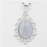 El Coral Pendant Blue Lace Agate Cabochon with Silver Leaves Filigree