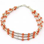 El Coral Bracelet Pink Coral Balls and Silvered Sticks 3 Strips 17 cm. length