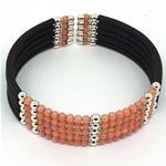 El Coral Bracciale  in Corallo Trattato Rosa diametro 3mm. 5 fili Pallini Argentati e Caucciu con Molla in Acciaio