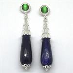 El Coral Earrings Green Cat's Eye Cabochon and Agate Drop, Silver Filigree