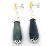 El Coral Earrings Yellow Cat's Eye Cabochon and Agate Drop, Silver Filigree