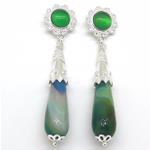 El Coral Earrings Green Agate Cabochon and Agate Drop, Silver Filigree