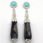 El Coral Earrings Turquoise Cabochon and Black Green Agate Drop, Silver Filigree