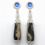 El Coral Earrings Blue Agate Cabochon and Black Green Agate Drop, Silver Filigree