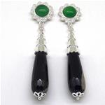 El Coral Earrings Green Agate Cabochon 8mm and Black Green Agate Drop, Silver Filigree