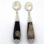 El Coral Earrings Nacre Cabochon and Black Green Agate Drop, Silver Filigree