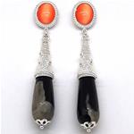 El Coral Earrings Cat's Eye Cabochon and Black Green Agate Drop, Silver Filigree