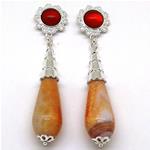 El Coral Earrings Red Agate Cabochon and Fire Agate Drop, Silver Filigree