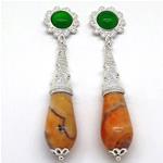 El Coral Earrings Green Agate Cabochon and Fire Agate Drop, Silver Filigree
