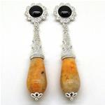 El Coral Earrings Hematite Cabochon and Fire Agate Drop, Silver Filigree