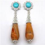 El Coral Earrings Turquoise Cabochon and Fire Agate Drop, Silver Filigree