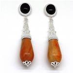 El Coral Earrings Black Agate Cabochon and Fire Agate Drop, Silver Filigree