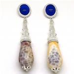 El Coral Earrings Blue Agate Cabochon and Fire Agate Drop, Silver Filigree
