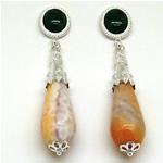 El Coral Earrings Malachite Cabochon and Fire Agate Drop, Silver Filigree