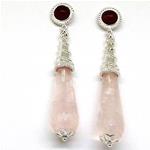 El Coral Earrings Red Agate Cabochon and Pink Quartz Drop, Silver Filigree