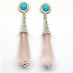 El Coral Earrings Turquoise Cabochon and Pink Quartz Drop, Silver Filigree