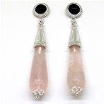 El Coral Earrings Black Agate Cabochon and Pink Quartz Drop, Silver Filigree