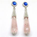 El Coral Earrings Blue Agate Cabochon and Pink Quartz Drop, Silver Filigree