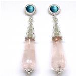El Coral Earrings Cat's Eye Cabochon and Pink Quartz Drop, Silver Filigree