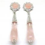 El Coral Earrings Pink Quartz Cabochon and Drop, Silver Filigree