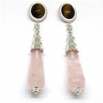 El Coral Earrings Tiger's Eye Cabochon and Pink Quartz Drop, Silver Filigree