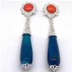 El Coral Earrings Pink Coral Cabochon and Blue Agate Drop, Silver Filigree