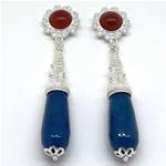 El Coral Earrings Red Agate Cabochon and Blue Agate Drop, Silver Filigree