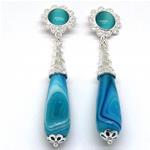 El Coral Earrings Cat's Eye Cabochon and Blue Agate Drop, Silver Filigree