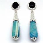 El Coral Earrings Black Agate Cabochon and Blue Agate Drop, Silver Filigree