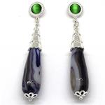 El Coral Earrings Green Cat's Eye Cabochon and Purple Agate Drop, Silver Filigree