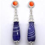 El Coral Earrings Cat's Eye Cabochon and Purple Agate Drop, Silver Filigree