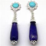 El Coral Earrings Turquoise Cabochon and Purple Agate Drop, Silver Filigree