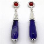 El Coral Earrings Red Agate Cabochon and Purple Agate Drop, Silver Filigree