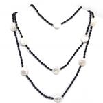 El Coral Necklace White Round Flat Pearls and Black Agate, 120cm Length