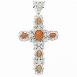 El Coral Pendant Cross 40x73 mm Pink Coral Silver Filigree
